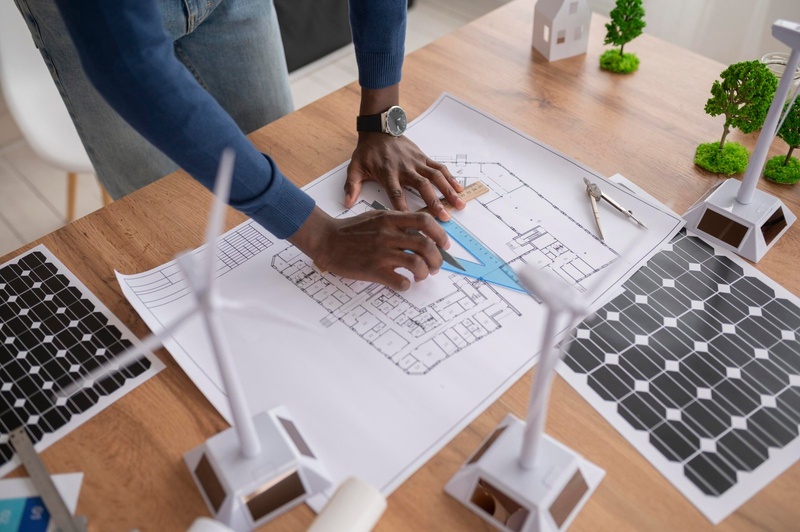 Plans techniques tracés à la règle, entourés de maquettes de panneaux et d'éoliennes